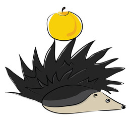 The hedgehog and the yellow apple vector or color illustration