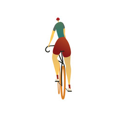 Man in a helmet rides a bicycle. View from the back. Vector illustration.