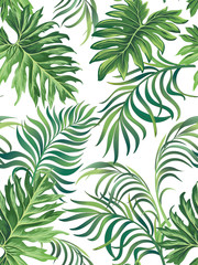 Tropical vector seamless background. Jungle pattern with  monstera palm leaves. Stock vector.