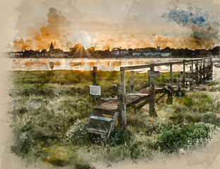 Landscape watercolour painting of Low tide landscape of Bosham Harbour with private jetty.