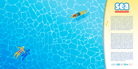 Two girls swim in the blue sea or pool, view from above. Flat vector illustration. Minimalism. Place for text or advertising.