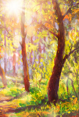 Oil painting sunny spring forest park landscape illustration nature bokeh, beautiful trees shadows on ground canvas art. Palette knife artwork. Impressionism. Art.