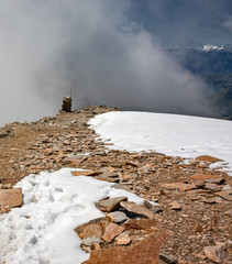 A signpost near the Quintino Sella refuge, on the Monte Rosa glacier, in Italy.