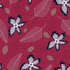 Seamless pattern with flowers on Burgundy background. Vector design.