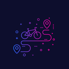 bicycle and route, line vector icon