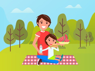 Smiling father and son sitting on mat, boy eating burger, dad holding bowl with watermelon. People relaxing in green park or forest, sportwear vector