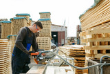 Work sawing boards. Sawmill. wood harvesting process