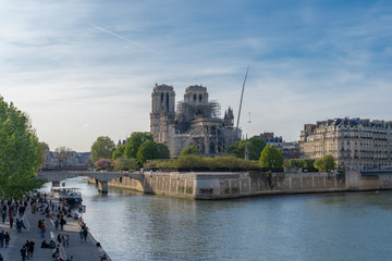 Paris, France - 04 17 2019: The day after the fire at Notre-Dame Cathedral