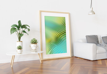 Wooden frame leaning in bright white living room with plants and decorations mockup 3D rendering