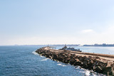 View on Great Library of Alexandria and Alexandria cityscape over sea bay from citadel of Qaitbay fortress. Alexandria, Egypt.