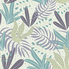 Seamless background with tropical leaves on a pastel background. Vector design.