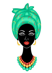 The head of a nice lady. On the head of an African American girl hung a bright handkerchief, turban. The woman is beautiful and stylish. Vector illustration.