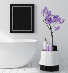 Modern bathroom interior with blossom tree, poster wall mock up, 3d render