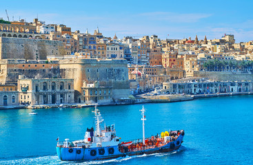 Cargo ship in Valletta Grand Harbour, Malta