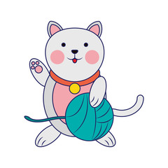 Cat with cloth ball cartoon blue lines