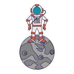 Astronaut on moon cartoon isolated blue lines