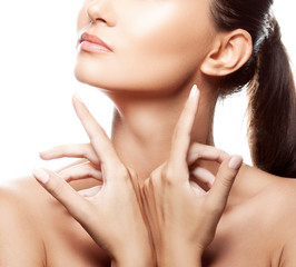 part of young woman face and body, hands near neck. Beauty treatment, spa concept