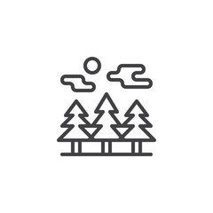 Night forest trees line icon. linear style sign for mobile concept and web design. Clouds with moon and pine trees outline vector icon. Outdoors symbol logo illustration. Pixel perfect vector graphics