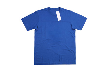 Blue t-shirt mockup with label on white background