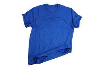 Wrinkled blue mockup t-shirt on white background