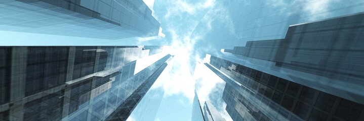 Nice view of the skyscrapers against the sky with clouds, 3d rendering 	