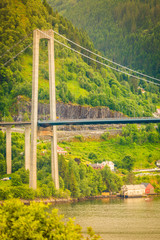 Osteroy suspension bridge in Norway, only road connection island with the mainland east area of Bergen