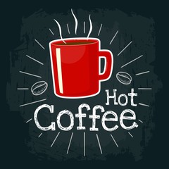 Red cup coffee. Vector flat illustration with engraving rays, lettering, bubble