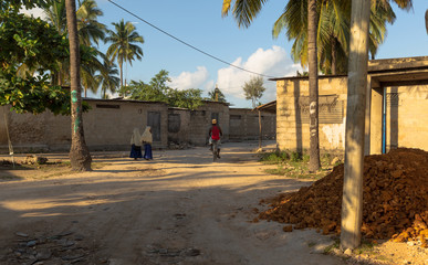 Local children go to school. Morning in an african village. Zanzibar, Tanzania, Africa
