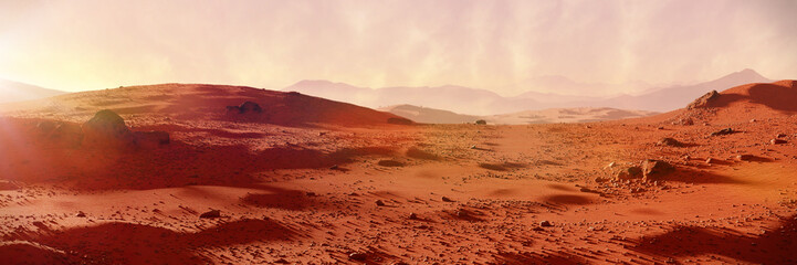 landscape on planet Mars, scenic desert on the red planet (3d space rendering banner)