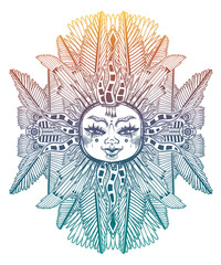 Fantasy inspired tribal sun star with a human face. Ornamental decoration, folk print