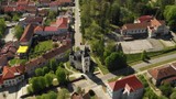 Croatia, Slavonia, town of Daruvar, main square and catholic church in spring, panoramic drone view