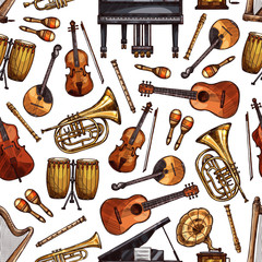 Folk music instruments sketch seamless pattern