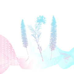 Abstract floral botanical background. Realistic herbs, flowers, plants in pastel colors with doodles , texture and gradient ribbon in pastel colors on white background.