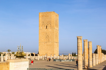 Rabat, Morocco - February 22.2019: Rabat's Hassan Tower and the incomplete Mosque pillars.