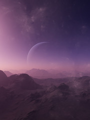3d rendered Space Art: Alien Planet - A Fantasy Landscape with purple skies and