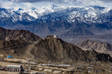 Aerial view of Cityscape Leh city or downtown with mountain background from the window of leh palace at Leh Ladakh, Jammu and Kashmir, India