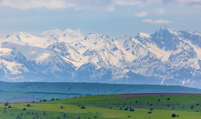 Snowy peaks of mountains in spring in Kazakhstan