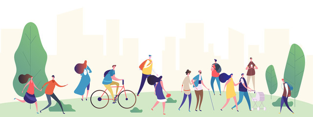 People walk in the city park vector illustration. Park city with, people, summer walking and ride by bicycle