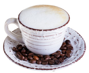 Coffee latte or cappuccino on a white background.