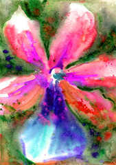 Bright orchid in an expressive manner with splashes and stains of paint, abstract painting, watercolor illustration, hand drawing.