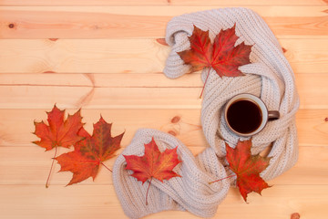Mug of hot coffee, wrapped in scarf and colorful autumn maple leaves on wooden background.