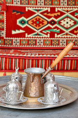 Turkish coffee set on background