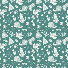 Knitted things. Leaves, branches acorns. Hot drinks and kettle. Snail. Seamless vector pattern (background).
