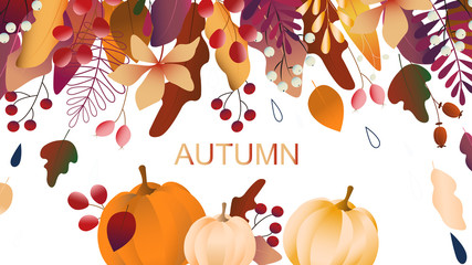 Web page design template with autumn leaves, pumpkin. Modern vector illustration for website, landing, poster, card, banner.