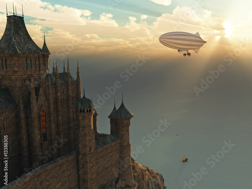 zamek-fantasy-i-latajacy-zeppelin-o-zachodzie-slonca