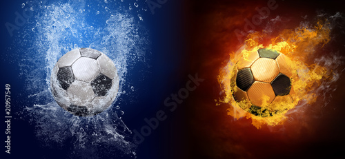  Water drops and fire flames around soccer ball on the background