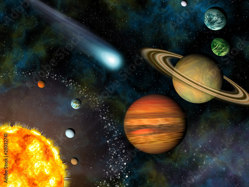 Fototapeta 3D Solar System Wallpaper contains the Sun and nine planets.