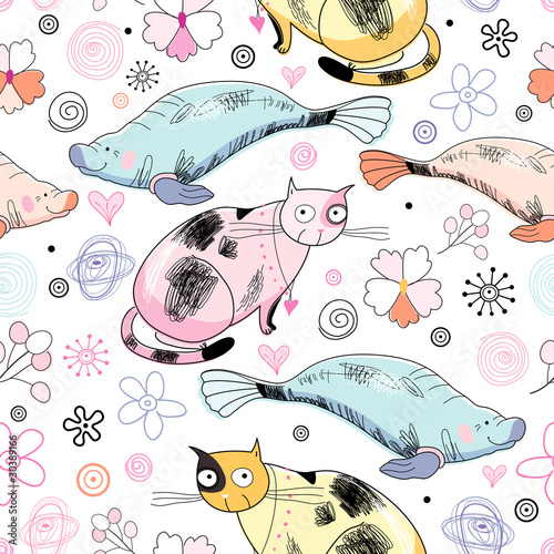  seamless pattern of the cats and marine animals
