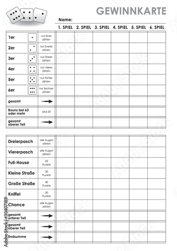"Kniffel, Yahtzee Gewinnkarte" Stockfotos und lizenzfreie ...
