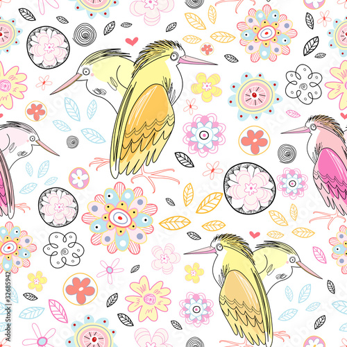  vivid pattern of flowers and love herons